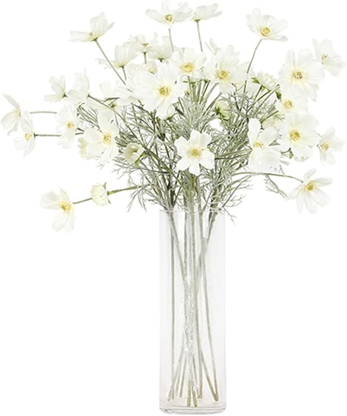 2 Pcs Artificial Fake Flowers Plants Cosmos Silk Flower Arrangements Wedding Bouquets Decorations Plastic Floral Table Centerpieces for Home Kitchen Garden Party Decor Approx 23.6'' High - White