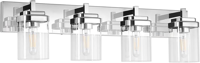 Vanity Light Fixture,4-Light Vanity Light for Bathroom,Chrome Bathroom Vanity Lighting Over Mirror with Square Clear Glass Shade for Restroom