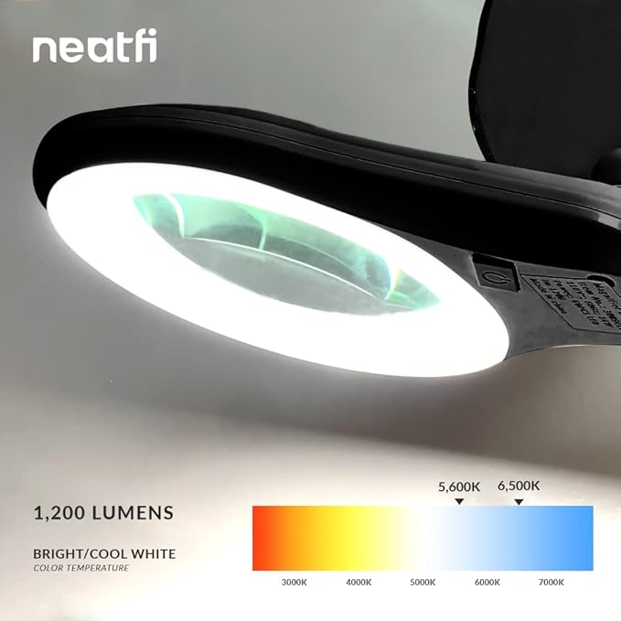 Neatfi 1,200 Lumens LED Magnifying Lamp with Clamp – 5-Inch Lens, 5 Diopter, Dimmable, Adjustable Arm, Includes Microfiber Cloth, Lamp for Reading, Sewing, Crafting (Black, 5 Diopter)