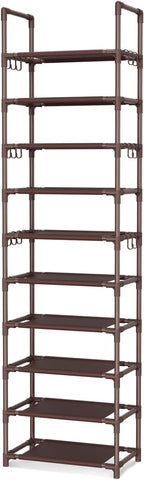 VTRIN 10 Tiers Tall Shoe Rack Holds 20-25 Pairs of Shoes Sturdy Vertical Shoe Organizer with 18pcs Hooks Stackable Narrow Shoe Rack for Closet, Entryway Brown
