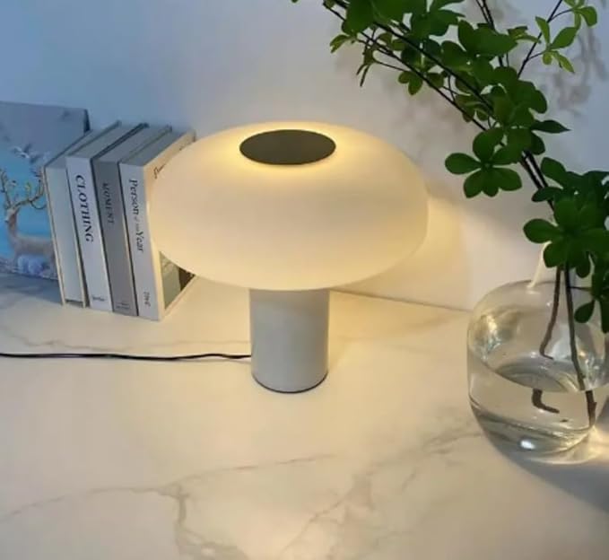 Mushroom Table Lamp | Solid Marble White Base & Frosted Glass Shade | 3000K Warm White LED | Modern Lamp for Bedroom, Living Room, Office, Entryway, Desk, Small Spaces