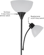Globe Electric 67135 72" Torchiere Floor Lamp and Adjustable Reading Light, Matte Black, Frosted Shade, Dual Rotary Switch, 3-Step Dimming, Modern Lighting for Living Room or Office