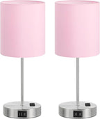 Pink Touch Lamps for Nightstand Set of 2 - Bedside Table Lamp for Bedroom with Dual USB Ports & AC Outlet, 3-Way Dimmable Lamps for Living Room Boys Room, Night Light with 5000K Daylight Bulbs