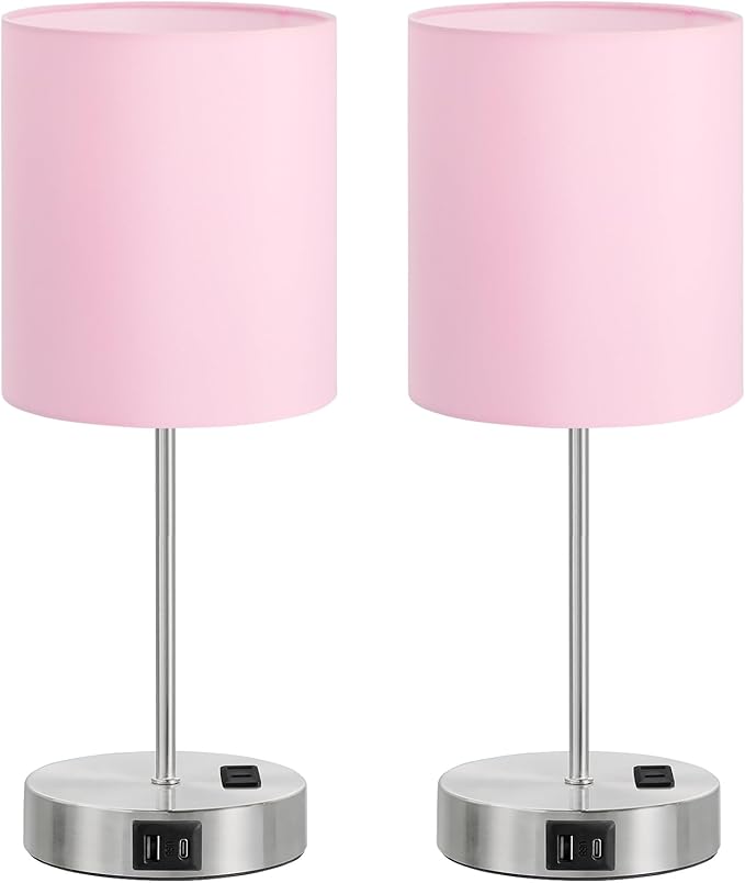 Pink Touch Lamps for Nightstand Set of 2 - Bedside Table Lamp for Bedroom with Dual USB Ports & AC Outlet, 3-Way Dimmable Lamps for Living Room Boys Room, Night Light with 5000K Daylight Bulbs