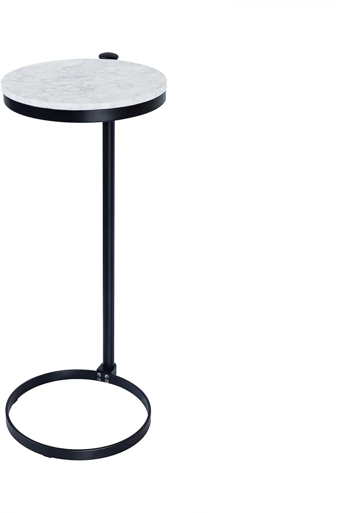 TEHOME Black Marble Drink Table Metal Martini Round Small Drink Side Table for Couch Marble C Shaped End Table for Sofa 10" diam,24.55" h