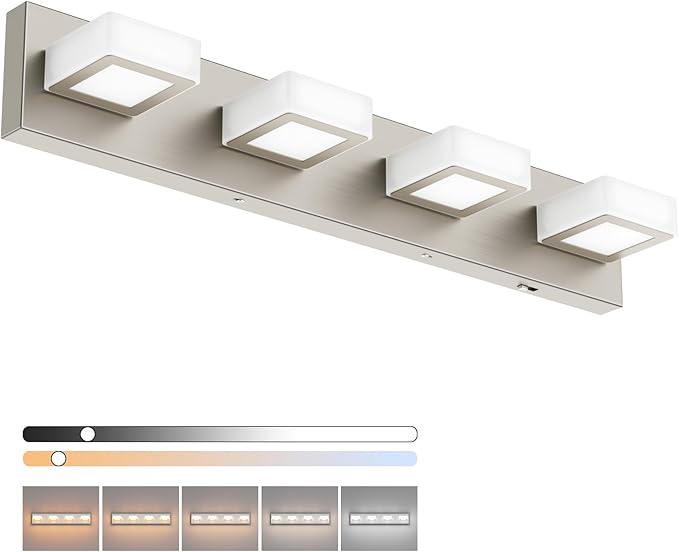Ralbay 5 Color Temperature Brushed Nickel Vanity Lights for Bathroom 4 Lights Dimmable Acrylic Modern LED Brushed Nickel Bathroom Lighting Fixtures