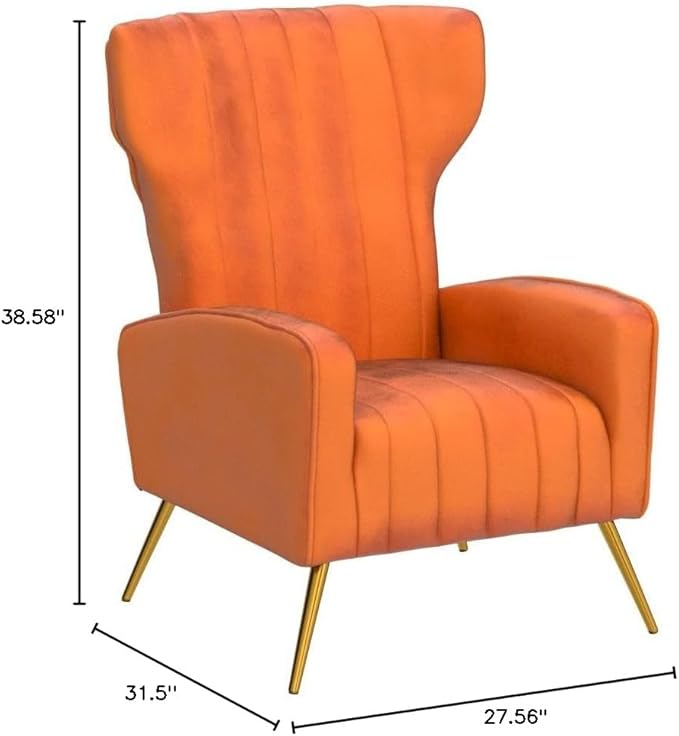 Modern Velvet Accent Chair, Channel Tufted Bedroom, Office or Living Room Furniture with Elegant Metal Legs, 26" Wide Armchair, Orange Red
