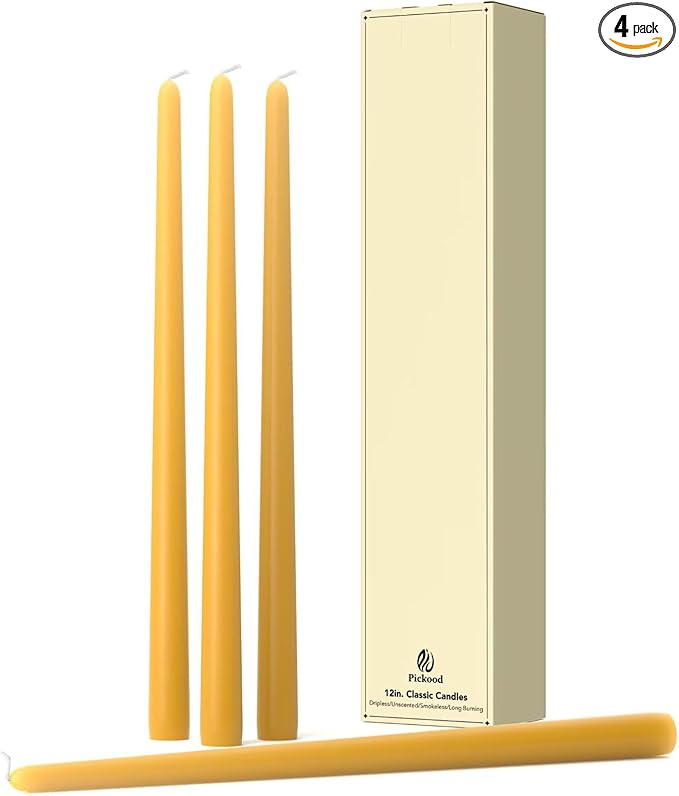 12-Inch Tall Dripless Taper Candles Set of 4 - Mustard Yellow Tapered Candles, Perfect for Spring - Smokeless, Unscented, Long Burning - Hand Poured, Colored Tall Candlesticks - Mustard