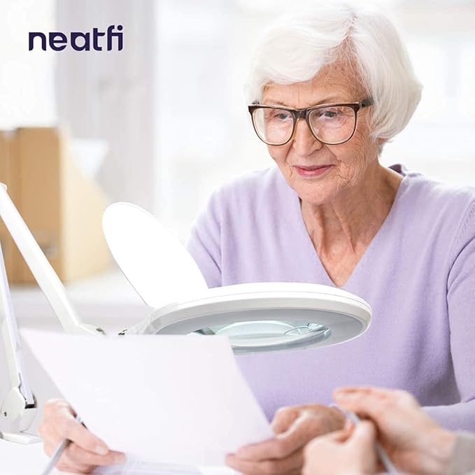 Neatfi Elite Super LED Magnifying Lamp with Clamp, 6” Glass Lens, Dual Magnification, 5D/12D, 6500K, Glare-Free, Nonpolar Dimming, Lamp for Reading, Sewing, Crafting (6 Inch Lens, White)