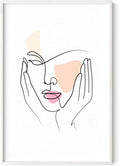Aesthetic Face Wall Art Hands on Cheeks Continuous Line Drawing Abstract Pink Shapes 24x36 Inch Oak Wood White Framed Modern Portrait for Bedroom Vanity