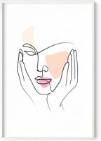 Aesthetic Face Wall Art Hands on Cheeks Continuous Line Drawing Abstract Pink Shapes 24x36 Inch Oak Wood White Framed Modern Portrait for Bedroom Vanity