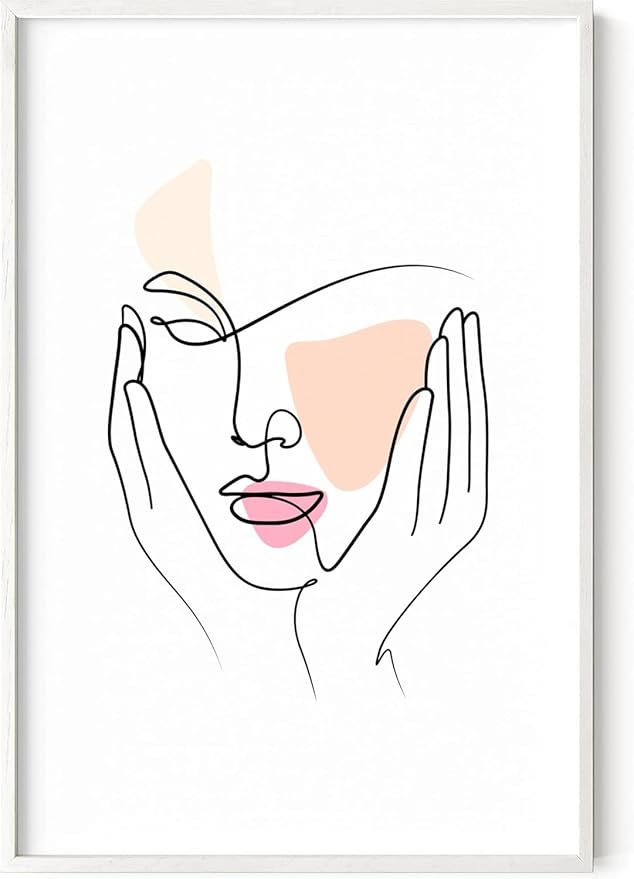 Aesthetic Face Wall Art Hands on Cheeks Continuous Line Drawing Abstract Pink Shapes 24x36 Inch Oak Wood White Framed Modern Portrait for Bedroom Vanity