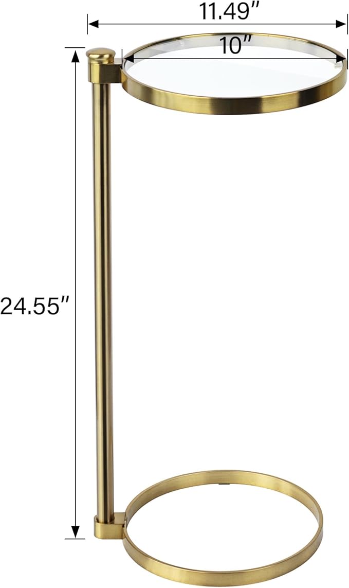 TEHOME Gold Glass Drink Table Metal Martini Round Small Drink Side Table for Couch Tempered Glass C Shaped End Table for Sofa 10" diam,24.55" h