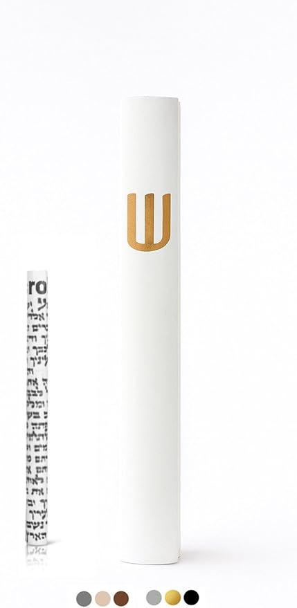 A&S Mezuzot Mezuza Aluminum Waterproof Case Peel & Stick Easy Installation Home Blessing (White+ Gold Shin, 5inch)