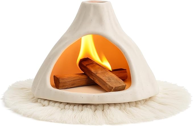 Ceramic Palo Santo Holder Burner,Incense Cone Holder,Mini Chiminea for Palo Santo Sticks and Sage Burner,with Handmade Heat Insulated Mat,Dust Brush,Metal Tweezer. (White Volcano)