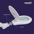 Neatfi Elite Super LED Magnifying Lamp with Clamp, 6” Glass Lens, Dual Magnification, 5D/12D, 6500K, Glare-Free, Nonpolar Dimming, Lamp for Reading, Sewing, Crafting (6 Inch Lens, White)