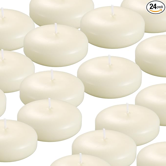 24 Pack Floating Candles, 3” Ivory Unscented Dripless Wax Burning Candles, for Weddings, Party, Cylinder Vases, and Home Decorations