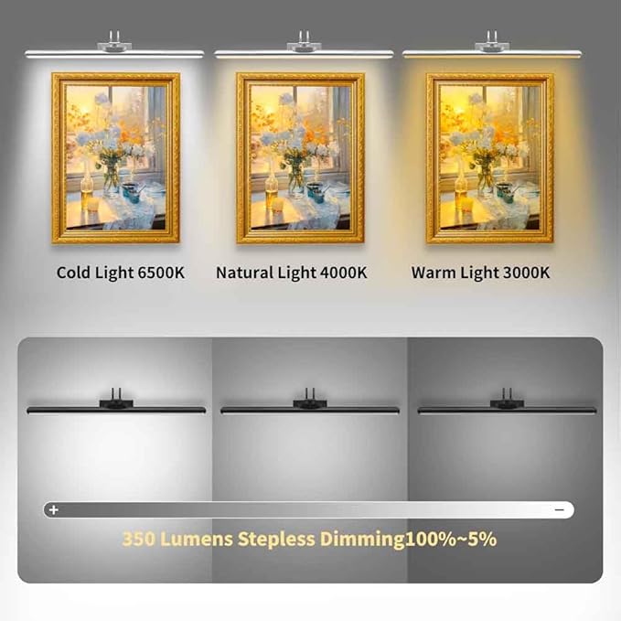 26" Wireless Picture Lights, 8000 mAh Rechargeable Battery Art Display Light with Remote Control, Dimmable/Timer Off Dartboard Light, 3 Lighting Modes Full Metal Painting Lights (Nickel-2 Pack)