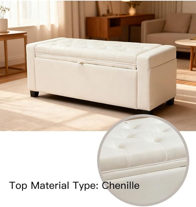 Storage Ottoman Bench for Bedroom & End of Bed Seating, Upholstered Tufted Linen Bench with Hidden Storage & Safety Hinge, 43 Inch, 350 lb Weight Capacity, Linen Beige