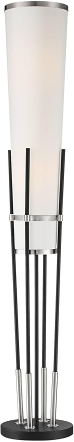 Possini Euro Design Flute Mid Century Modern 64" Tall Floor Lamp Standing with Smart Socket Satin Black Brushed Nickel Metal White Linen Shade for Living Room Family Bedroom Office House