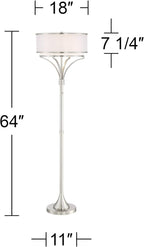 Possini Euro Design Candice Modern Standing Floor Lamp 64" Tall Brushed Nickel Dual Silver Organza White Linen Fabric Drum Shade Decor for Living Room Reading House Bedroom Home