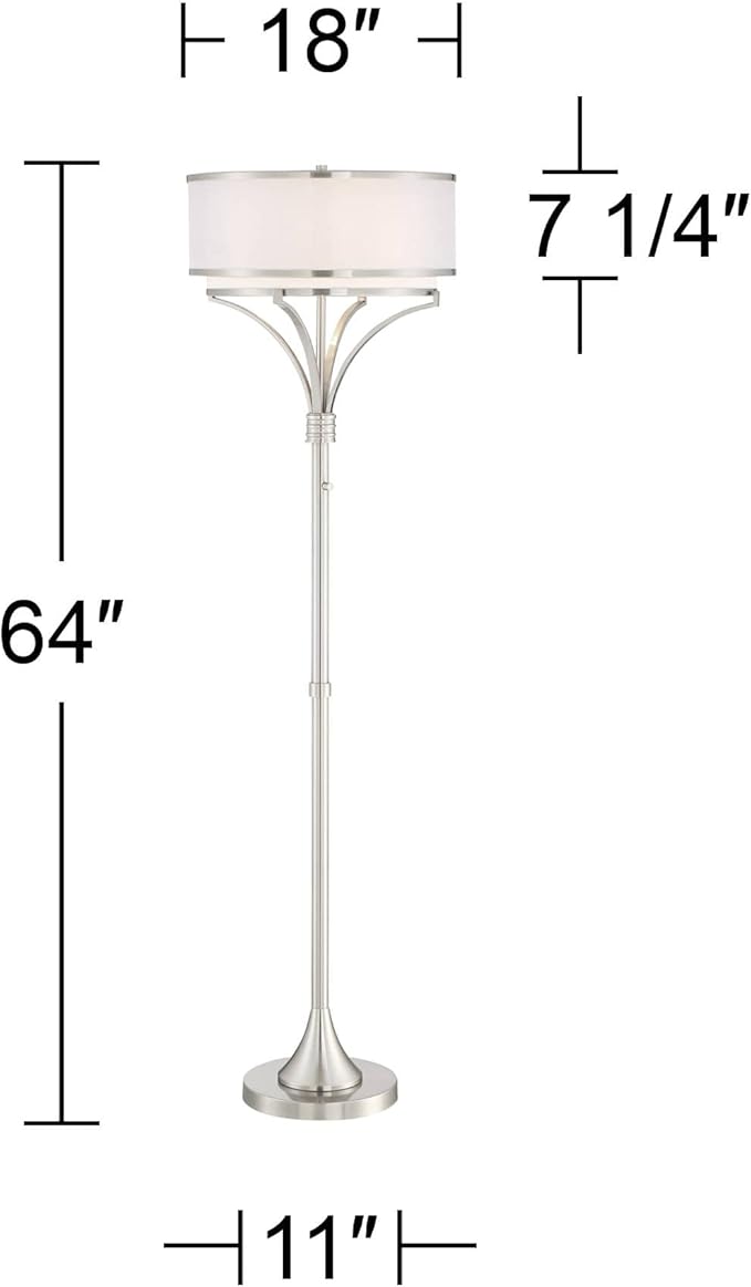 Possini Euro Design Candice Modern Standing Floor Lamp 64" Tall Brushed Nickel Dual Silver Organza White Linen Fabric Drum Shade Decor for Living Room Reading House Bedroom Home