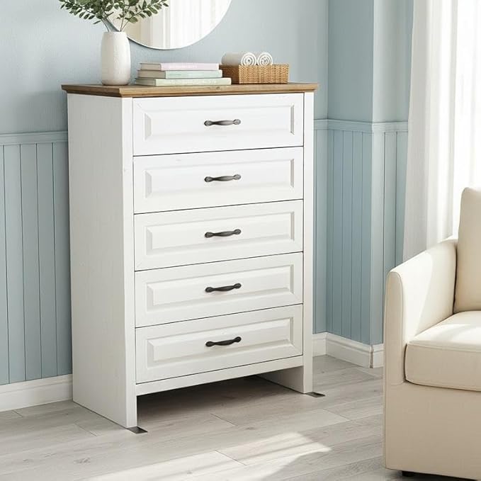Marsail Farmhouse 5 Drawer Dresser, Wood Chest of Drawers with Natural Texture, Smooth Gliding Drawers, Versatile Storage Organizer Cabinet for Bedroom & Living Room, White and Brown