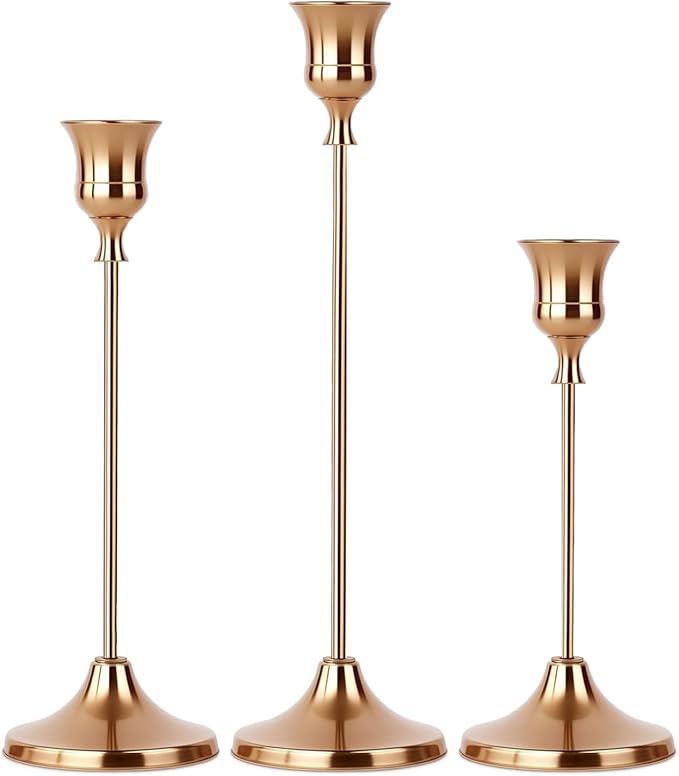 Set of 3 French Gold Tapered Candle Holder,Candlestick Tall Metal Candlestick Holders for Table Centerpiece Home Decor for Wedding Fireplace Mantel Housewarming Gift Fits 3/4 Inch Thick Candles