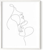 Minimalist Face to Face Wall Art Two Portraits Continuous Line Drawing 16x20 Inch Oak Wood White Framed Modern Aesthetic Profile Print for Bedroom Decor