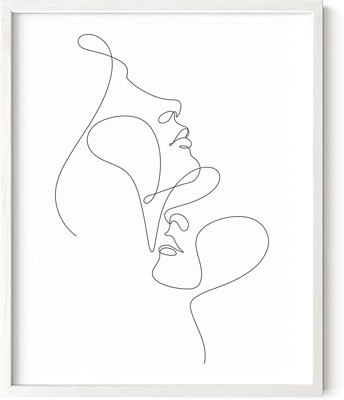 Minimalist Face to Face Wall Art Two Portraits Continuous Line Drawing 16x20 Inch Oak Wood White Framed Modern Aesthetic Profile Print for Bedroom Decor