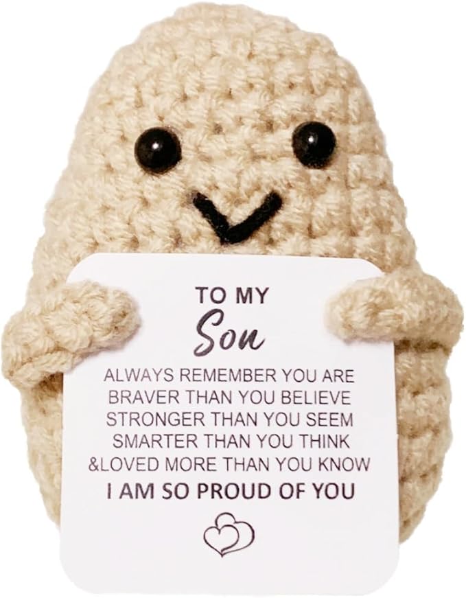 WASTIME Funny Knitted Wool Doll Toy with Positive Card - Creative Cute Mini Crochet Positive Potato Dolls Cheer Up Gift for Family Kids Friends Encouragement Decoration (B- to My Son)