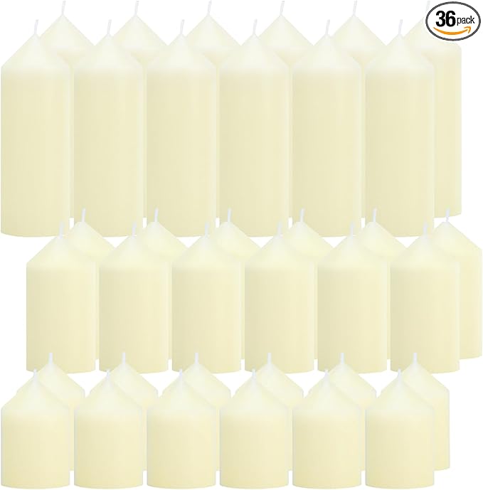 36 Pcs Ivory Pillar Candles Bulk Set，3 Different Lengths 2 x 3/4/6 Inch (12 Each)，Hurricane Candles，Dripless Unscented Smokeless，Gives You a Better Atmosphere When Organizing an Event Party.