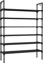 6 Tier Shoe Rack for Closet Shoe Organizer with 5 Hooks, Long Shoe Shelf Storage for Shoe and Boot Stackable Free Standing Shoe Rack for Entryway, Garage, Small Spaces, Dorm, Black
