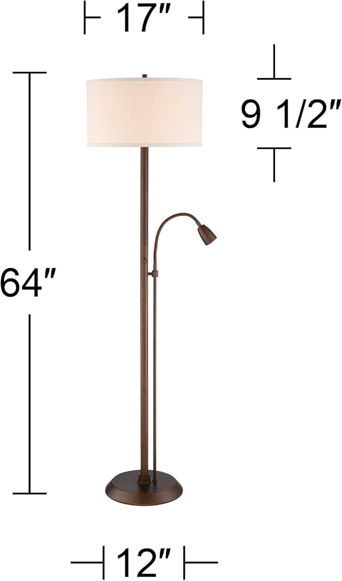 Possini Euro Design Traverse Modern Floor Lamp with Gooseneck Reading Light LED 64" Tall Oil Rubbed Bronze Metal Oatmeal Fabric Drum Shade Decor for Living Room Reading House Family Bedroom Home