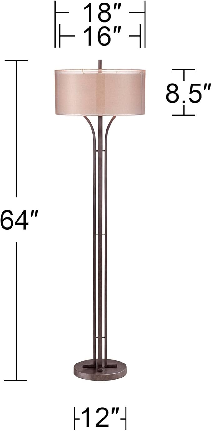 Franklin Iron Works Tristan Modern Standing Floor Lamp 64" Tall Bronze Metal Sheer Brown Textured Linen Fabric Double Drum Shades Decor for Living Room Reading House Bedroom Home