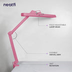 Neatfi Task Lamp – 2,500 Lumens, 30W, 22-Inch Wide Shade, 4 Brightness Levels, Eye-Caring Light, Clamp Mount, LED Task Light for Manicure Table, Crafts, Workbench, Office (Non-CCT, Pink)