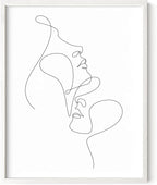 Minimalist Face to Face Wall Art Two Portraits Continuous Line Drawing 11x14 Inch Oak Wood White Framed Modern Aesthetic Profile Print for Bedroom Decor