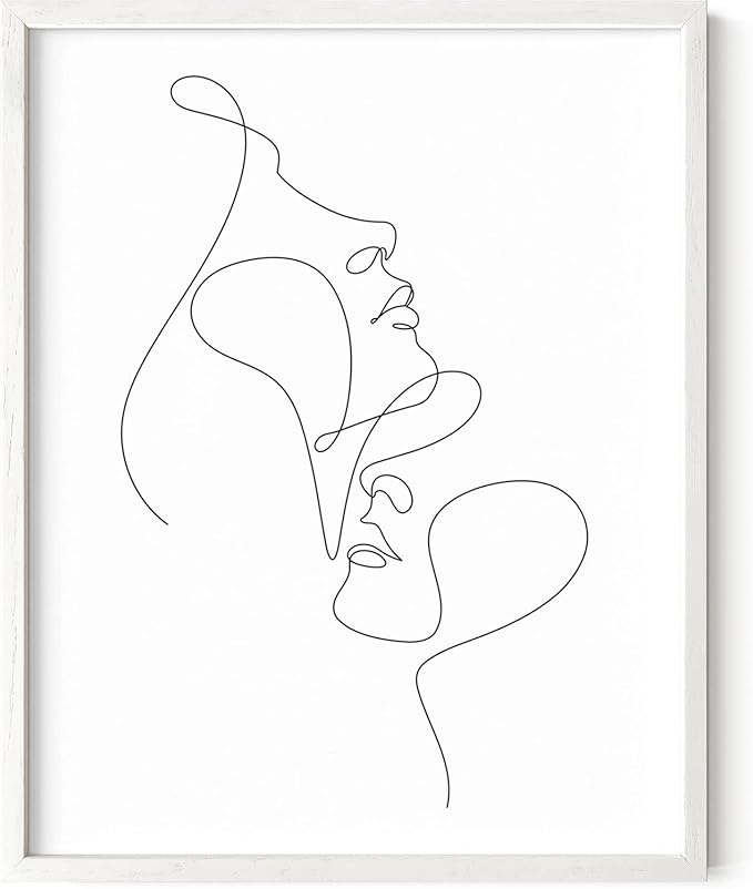 Minimalist Face to Face Wall Art Two Portraits Continuous Line Drawing 11x14 Inch Oak Wood White Framed Modern Aesthetic Profile Print for Bedroom Decor