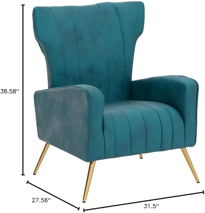 Modern Velvet Accent Chair, Channel Tufted Bedroom, Office or Living Room Furniture with Elegant Metal Legs, 26" Wide Armchair, Blueish Green