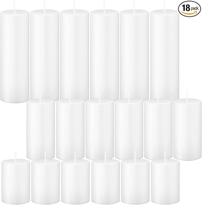 18 Pcs White Pillar Candles Bulk Set，Hurricane Candles，3 Different Lengths 2 x 3/4/6 Inch (6 Each)，Dripless Unscented Smokeless，Gives You a Better Atmosphere When Organizing an Event Party.