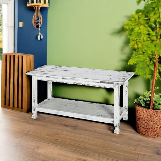 Country Cottage 36-Inch Farmhouse Entryway Bench with Storage Shelf – Solid Pine Wood Bench in Distressed White for Hallway, Bedroom, or Mudroom by Alaterre Furniture