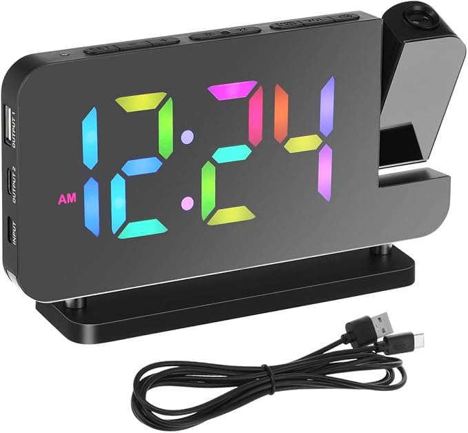 Cabilock Projection Alarm Clock for Bedroom Ceiling, 180° Rotatable Time Projector with 10 Colors RGB Night Light, Digital Led Display Clock with USB Type C Charger Port for Elderly Heavy Sleepers