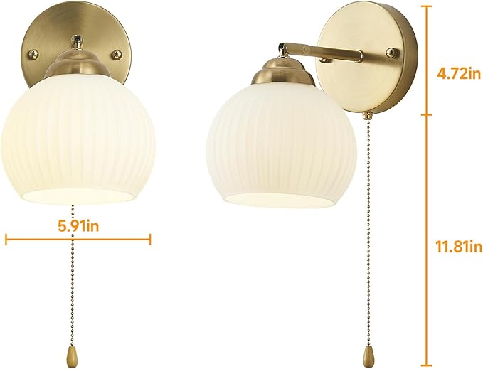 Gold Wall Sconce, mid Century Modern Sconce with Hand Pull Switch Indoor Wall Sconce for Bedroom Bedside Bathroom Kitchen Vanity Hallway Wall Mounted Light Fixture
