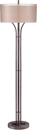 Franklin Iron Works Tristan Modern Standing Floor Lamp 64" Tall Bronze Metal Sheer Brown Textured Linen Fabric Double Drum Shades Decor for Living Room Reading House Bedroom Home