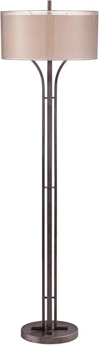Franklin Iron Works Tristan Modern Standing Floor Lamp 64" Tall Bronze Metal Sheer Brown Textured Linen Fabric Double Drum Shades Decor for Living Room Reading House Bedroom Home