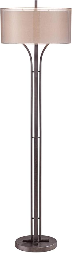 Franklin Iron Works Tristan Modern Standing Floor Lamp 64" Tall Bronze Metal Sheer Brown Textured Linen Fabric Double Drum Shades Decor for Living Room Reading House Bedroom Home