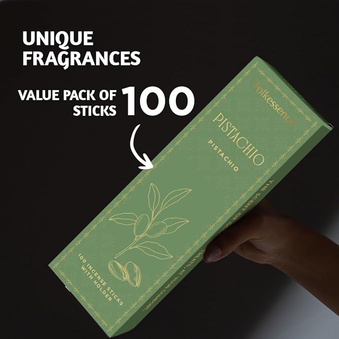 Folkulture Pistachio Incense Sticks with Holder (100 Sticks)| Pistachio Sweet Incense Stick for Meditation, Aromatherapy| No Charcoal,Organic,Non Toxic, 45 Mins, Long Burning Insence-Sticks