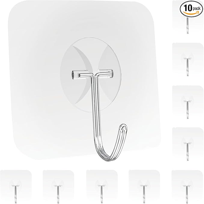 Heavy Duty Adhesive Wall Hooks - Strong & Transparent, Hold up to 22lb, Waterproof & Reusable, Ideal for Kitchen, Bathroom, and Office (10 Pack)