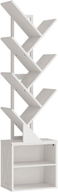 Tree Bookshelf, 6 Tier Bookcase with 2 Storage Racks, Free Standing Wooden Bookcase, Floor Standing Book Shelf Organizer for Living Room, Bedroom, Study, Home Office, White
