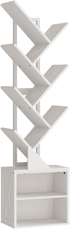 Tree Bookshelf, 6 Tier Bookcase with 2 Storage Racks, Free Standing Wooden Bookcase, Floor Standing Book Shelf Organizer for Living Room, Bedroom, Study, Home Office, White